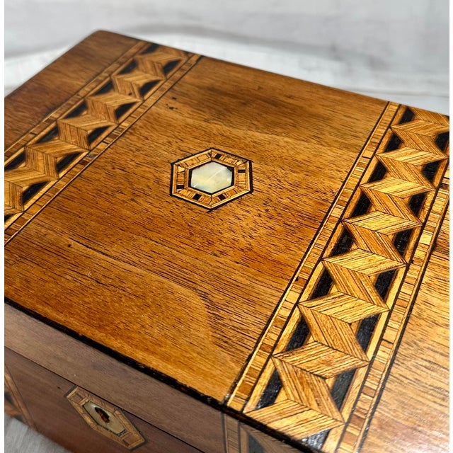 Victorian Black Walnut Tunbridge Ware Tea Caddy Box, Circa 1880. Beautiful and unique geometric inlay mosaic design...