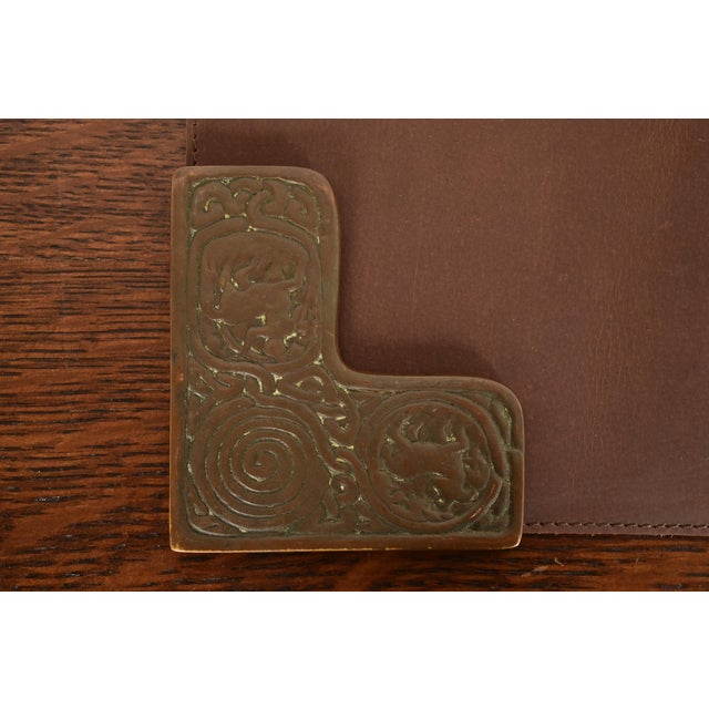 Bronze Tiffany Studios New York Zodiac Pattern Bronze Blotter Corners With Leather Desk Blotter For Sale - Image 8 of 14