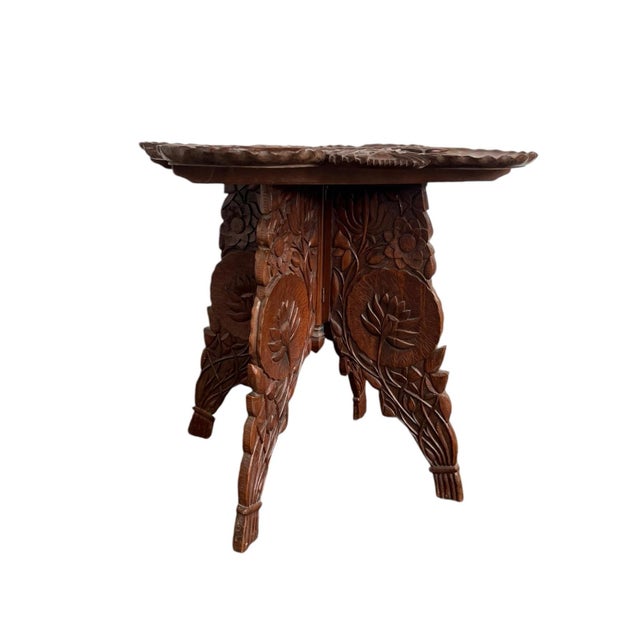 Hand Carved Solid Wood Occasional Side Table or Plant Stand With Floral Motif Collapsible Base Iron Hinges From Srinagar Kashmir, Circa 1910 For Sale In Seattle - Image 6 of 12