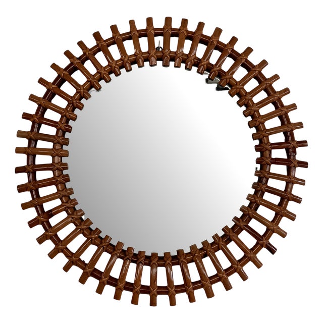 Mid-Century Italian Round Wall Mirror with Bamboo Rattan Frame, 1960s For Sale