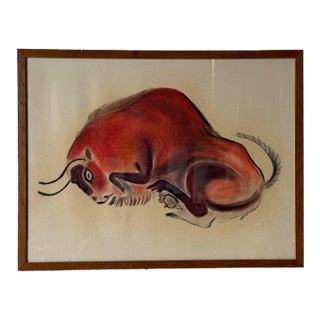 Red Bull Animal Artwork Pastel Drawing Danish Modern 1950s For Sale