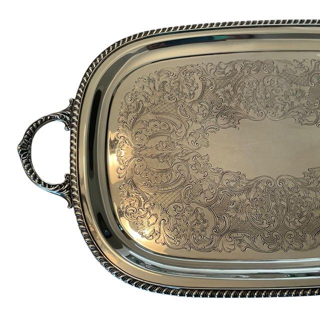 Mid Century Wallace Silverplate Engraved Serving Tray With Handles, 23.5” For Sale - Image 10 of 16