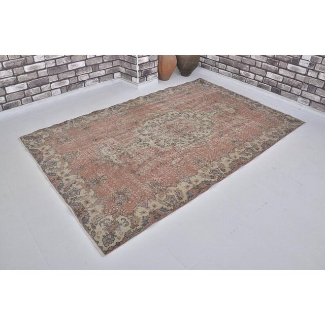 Apricot Vintage Distressed Anatolian Area Rug, Faded Terracotta and Grey-Blue Floral Medallion For Sale - Image 8 of 10