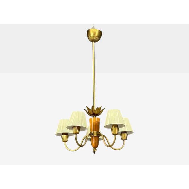 Mid-Century Modern Asea, Chandelier, Brass, Elm, Fabric, Sweden, Sweden, 1947 For Sale - Image 3 of 14