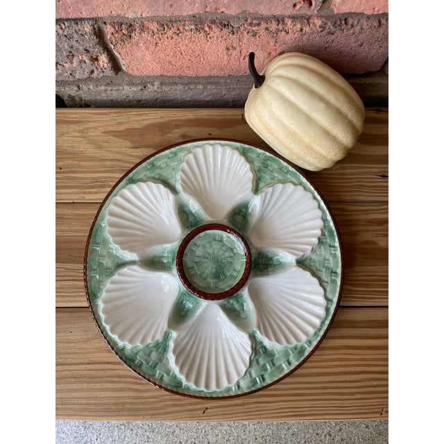 1930s French Longchamp Green and White Majolica Oyster Plate For Sale - Image 14 of 14