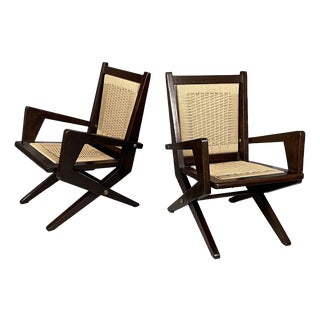 Mid-Century Modern Italian Wood and Straw Armchairs, 1940s, Set of 2 For Sale