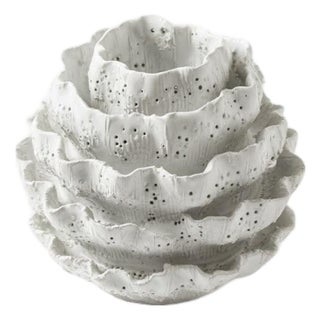 Contemporary Hand Built White Glazed Ceramic Artichoke Biomorphic Vessel For Sale