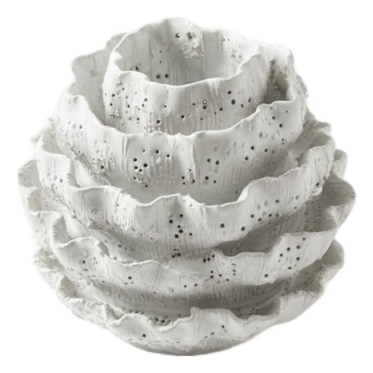 Contemporary Hand Built White Glazed Ceramic Artichoke Biomorphic Vessel For Sale