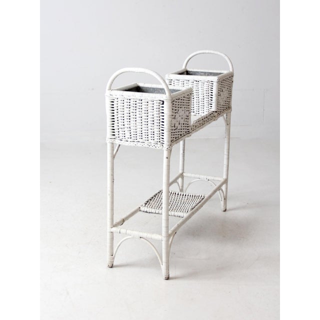 Wood Antique White Wicker Planter Basket Stand For Sale - Image 7 of 12