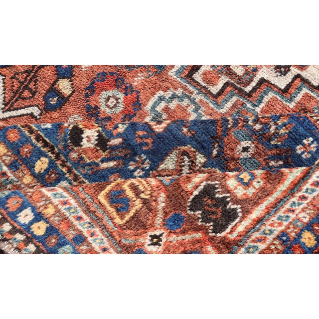 Antique Persian Shiraz Rug Tri-Medallion Geometrics in Rusty Orange and Blue** For Sale - Image 13 of 14