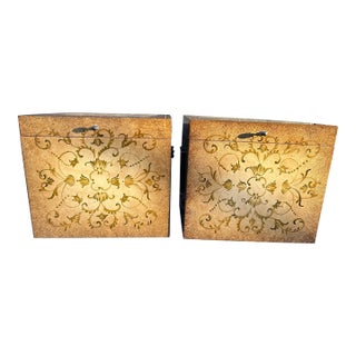 Vintage Mid-Century Italian Florentine Style 16” Square Wooden Hanging File Boxes With Velveteen Interiors - A Pair For Sale