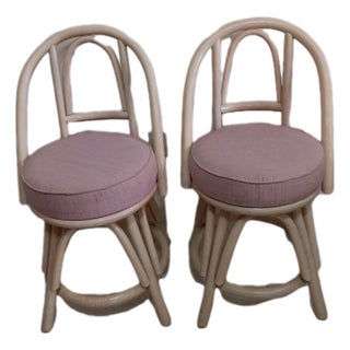 Vintage Swivel Bamboo Barstool Upholstered Seat Set of Two For Sale