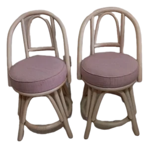 Vintage Swivel Bamboo Barstool Upholstered Seat Set of Two