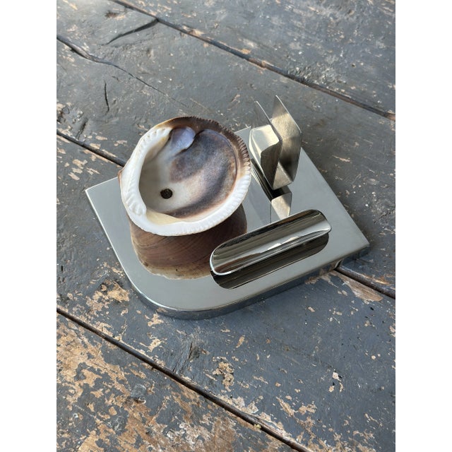 1930s Rare Vintage Art Deco Mounted Natural Clam Shell + Chrome Cigar Tray, Circa 1930s For Sale - Image 5 of 16