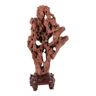 Large Chinese Scholar Stone Rare Red Taihu Rock on Display Stand For Sale