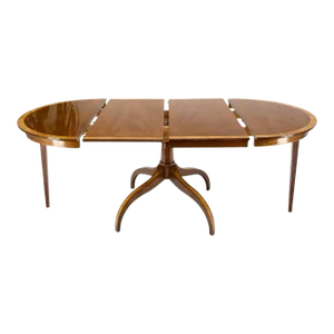Charak Lacquered Mahogany Banded Round Dining Table w/ 2 Leaves Inlaid Legs
