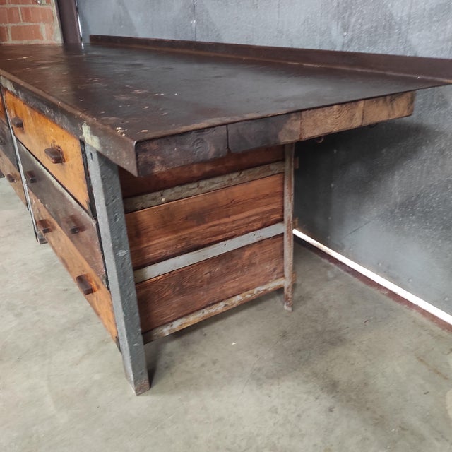 Brown Industrial Workbench with Wooden Drawers For Sale - Image 8 of 12
