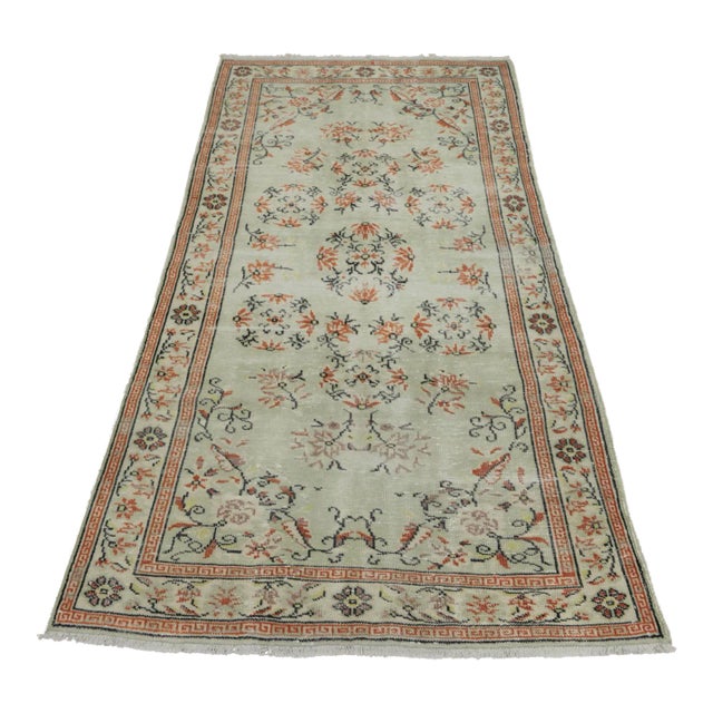 1950s Chinese Art Deco Vintage Handmade Floral Desing Natural Wool Area Rug For Sale