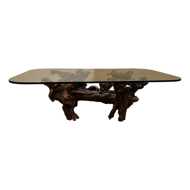 1970s Dark Walnut Burl Wood Coffee Table With Beveled Glass Top For Sale
