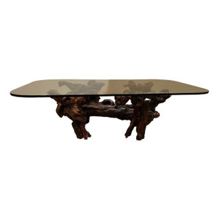 Vintage 1970’s Dark Walnut Burl Wood Coffee Table With Beveled Glass Top For Sale
