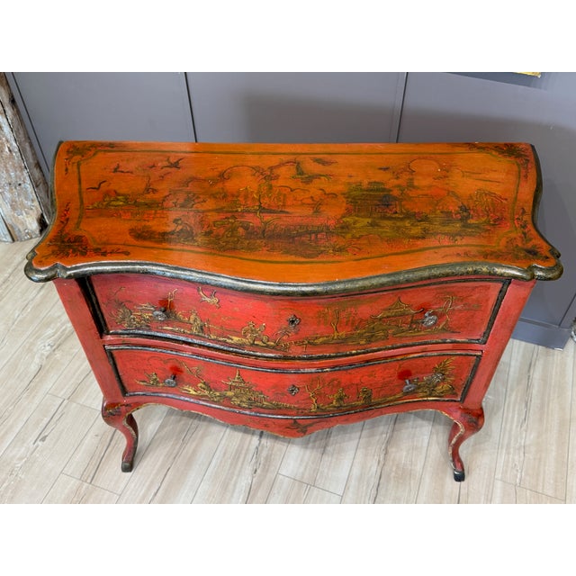 Italian Rococo Style Scarlet Chinoiserie Decorated Commode For Sale - Image 4 of 11