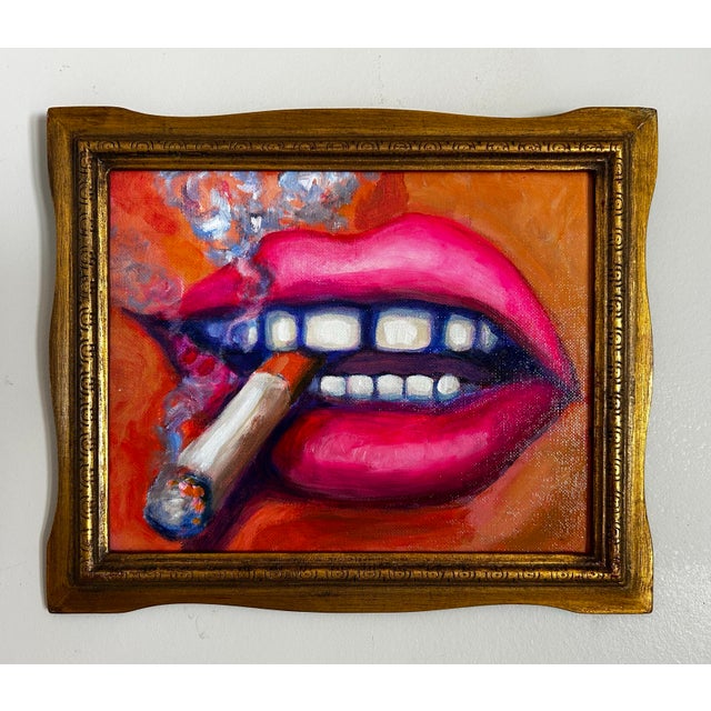 Original Pop Art painting of lips with a cigarette. In vintage gold frame. By listed artist Alexandra McCay. Signature en...