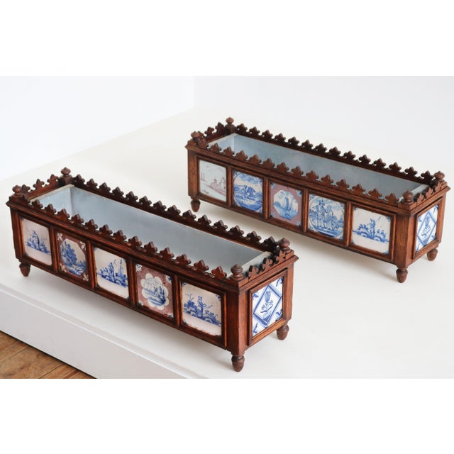 19th Century Dutch Planters with Delft Tiles Oak, 1650, Set of 2 For Sale - Image 10 of 18