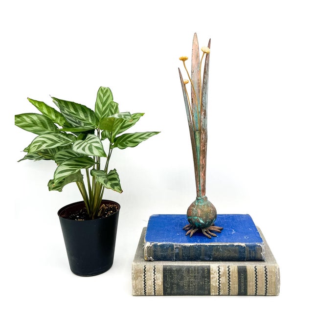 Captivating brass bud vase by Carnevale, dated 1985, designed in the form of a sprouting onion. The sculptural piece...