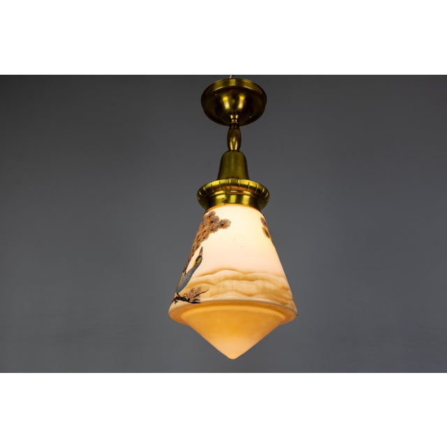 Art Deco Glass and Brass Pendant Light with Bird Paintings, France, 1930s For Sale - Image 15 of 18