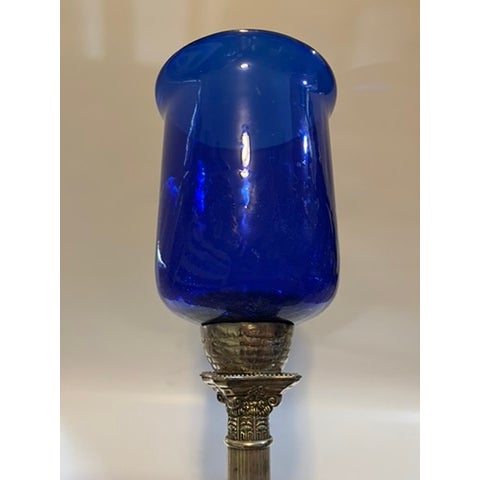 Blue Glass Column Tall Hurricane For Sale - Image 6 of 11