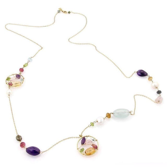 Contemporary Mid 20th Century Tous Garabato Multi Gemstone & Pearls 18k Yellow Gold Long 26" Necklace For Sale - Image 3 of 6