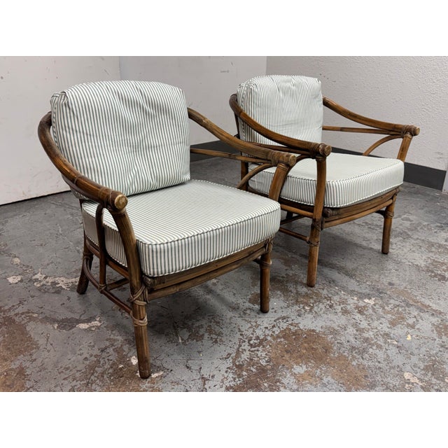 Contemporary McGuire Furniture Bamboo Barrel Club Chairs, Pair Circa 1970's For Sale - Image 3 of 12