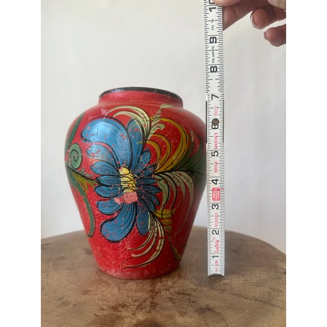 1930s Red Mexican Tonala Hand Painted Vase, Antique Floral Folk Art Pottery For Sale - Image 10 of 11