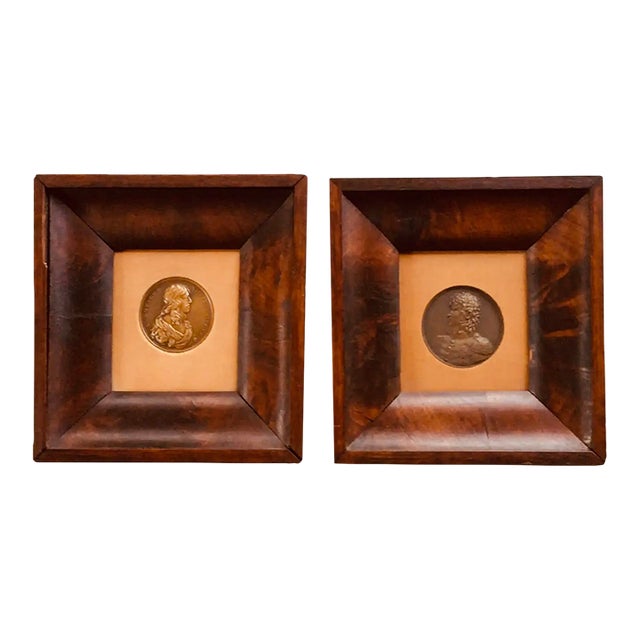 Pair of Antique French Bronze Portrait Medallions, Louis XIII & Joachim Murat, Bespoke Walnut Shadow Boxes For Sale
