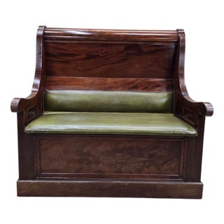Vintage Colonial Revival Mahogany Storage Bench With Olive Green Seat For Sale