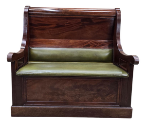 Vintage Colonial Revival Mahogany Storage Bench With Olive Green Seat