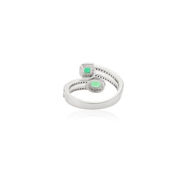 Metal Two Stone Emerald & Chunky Diamonds Bypass Ring Size 5.5 For Sale - Image 7 of 12