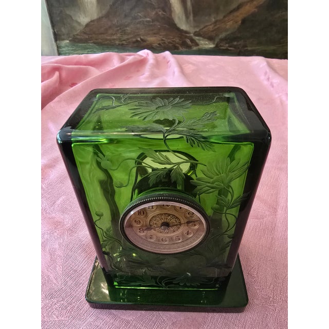 Glass Antique Emerald Art Glass Crystal Art Nouveau Clock For Sale - Image 7 of 16