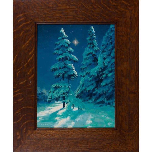 This oil painting captures a serene winter night, illuminated by a bright star that glimmers above snow-laden trees. The...