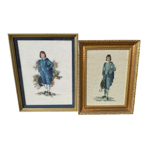Vintage Blue Boy Needlepoint Framed Art