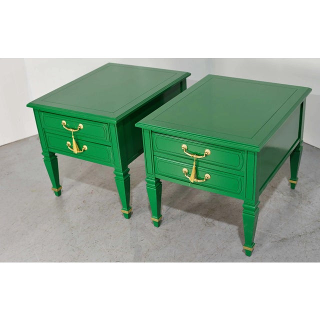 Mid Century Transitional Pair of Nightstands in Green With Gold Accents - Newly Painted For Sale - Image 4 of 12
