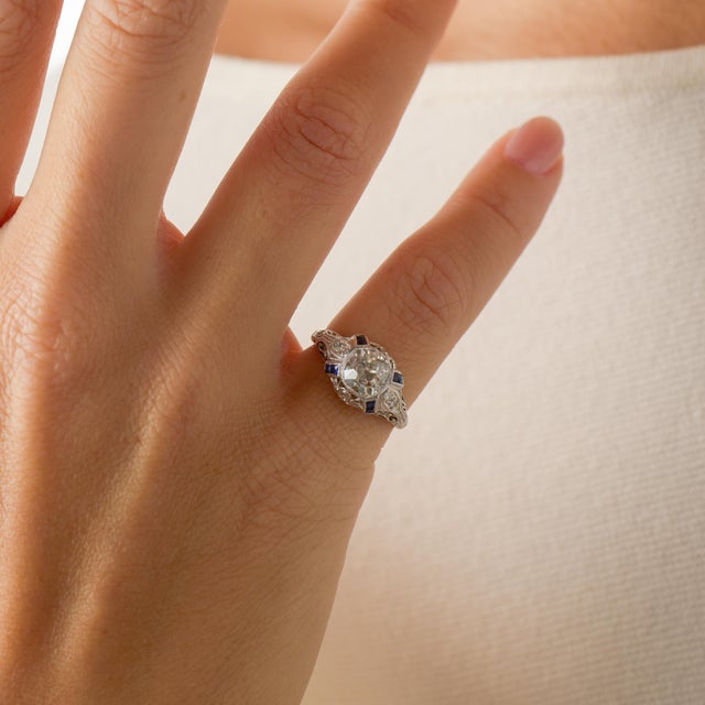 1930s 1930s Art Deco Gia 1.36 Carat Diamond Sapphire Platinum Engagement Ring, Size 5.75 For Sale - Image 5 of 8