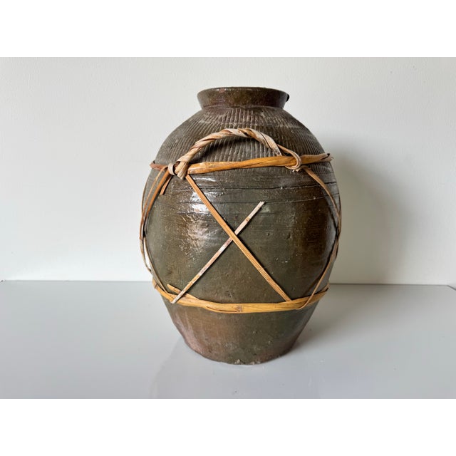 1980s 1980s Vintage Rustic Clay and Rattan Vase For Sale - Image 5 of 11