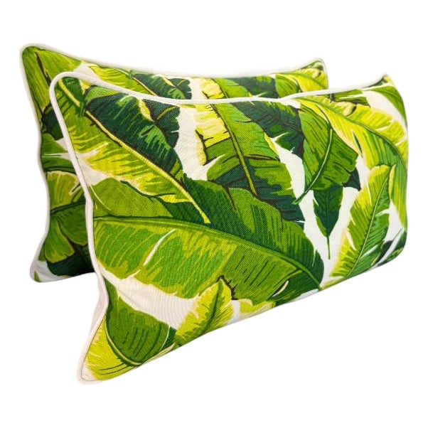 Pair of Tropical Banana Leaf Lumbar Pillows Indoor/Outdoor For Sale