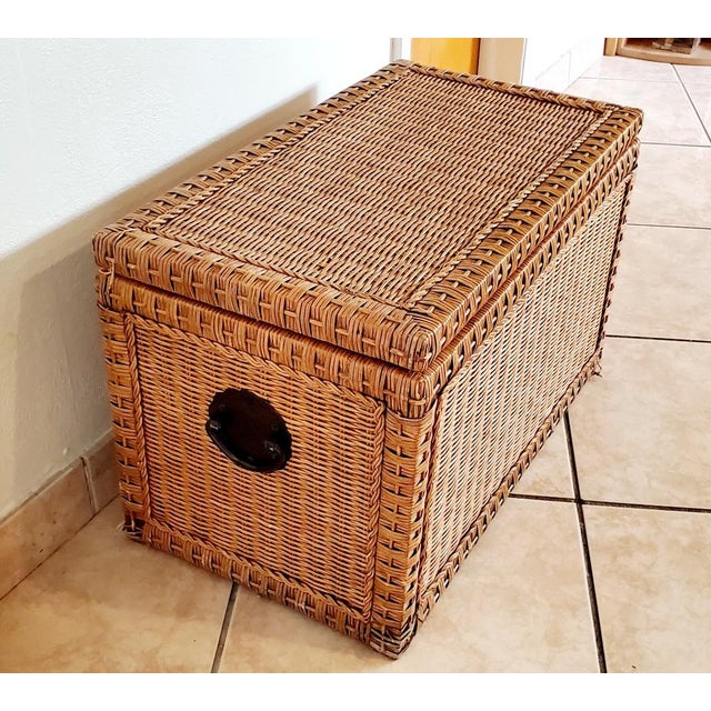 Wood Sturdy Chest, Wood Interior W Rattan Exterior, Bronze Handles For Sale - Image 7 of 12