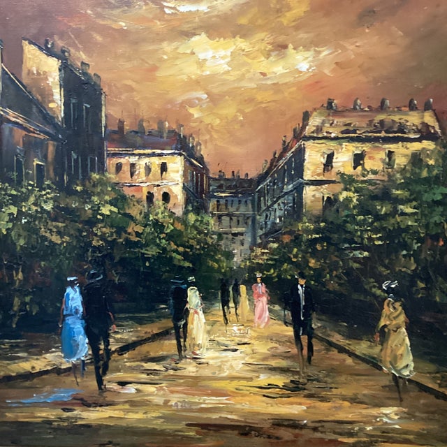 Impressionist Vintage Impressionistic Painting on Canvas “Evening Paris“ Signed Framed For Sale - Image 3 of 12