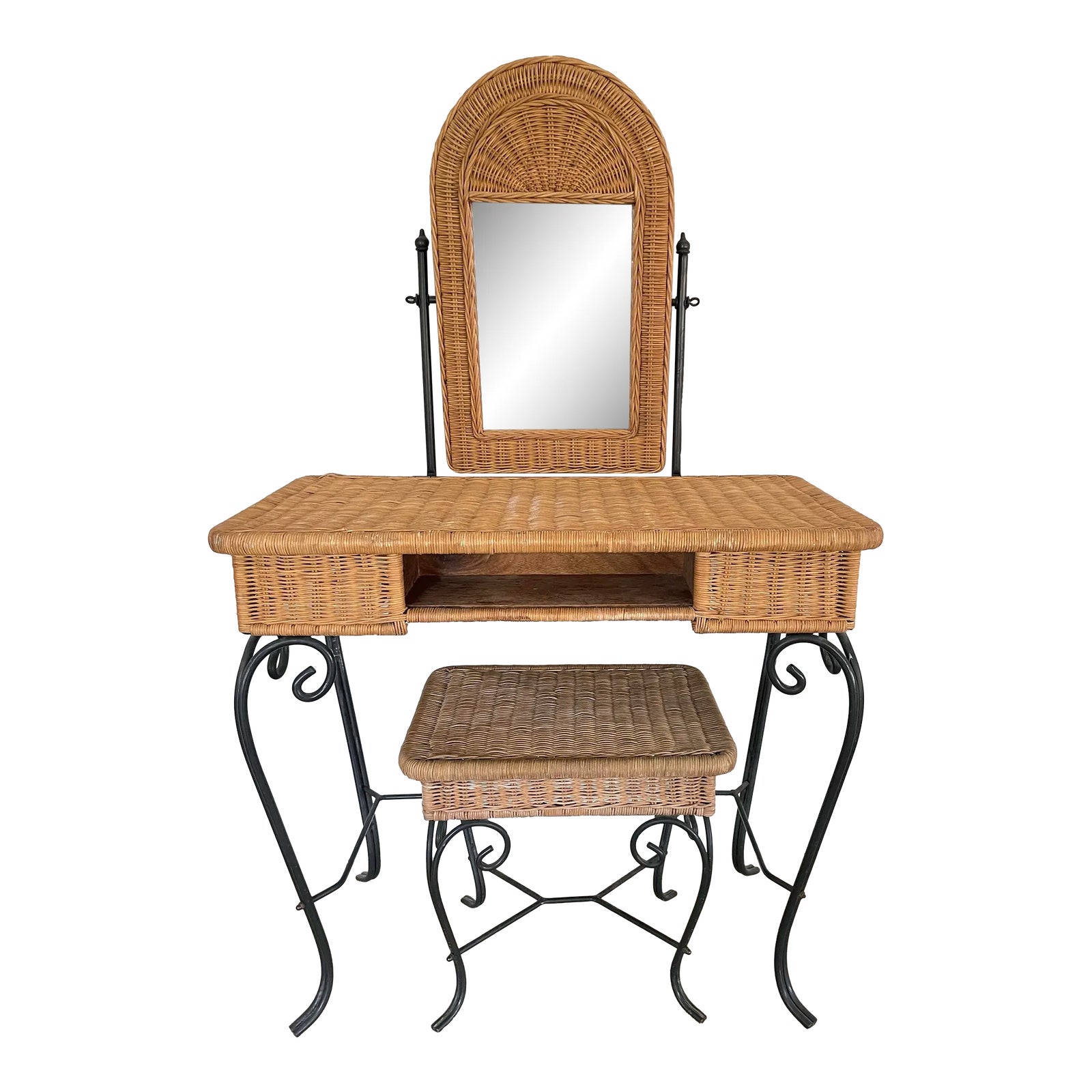 Boho 1960's Rattan & Wrought Iron Vanity With Mirror & Bench - Set of 3 ...