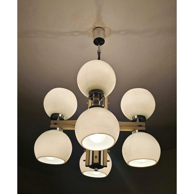 Space Age Eight-Light Chandelier with While Glass Shades, 1970s For Sale - Image 6 of 15