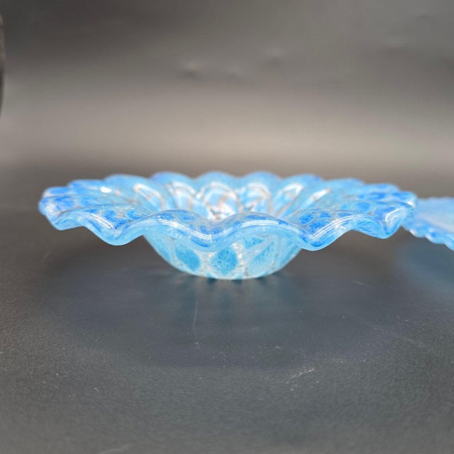 Mid-Century Sydenstricker 'Lace' Blue Ruffled Art Glass Bowl and Plate Set This matching two-piece set features a ruffled...