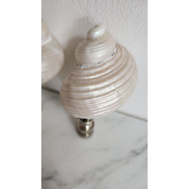 Traditional Pair of Turbo Pearl Setosus Sea Shell Lamp Finials, Brass Base For Sale - Image 3 of 4